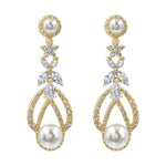 #17469G Majestic Teardrop Pearl and CZ Leaf Motif Earrings - Gold