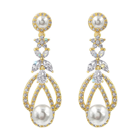 #17469G Majestic Teardrop Pearl and CZ Leaf Motif Earrings - Gold