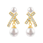 #17498G X Earring with O Pearl - CZ Earrings - Gold Ivory