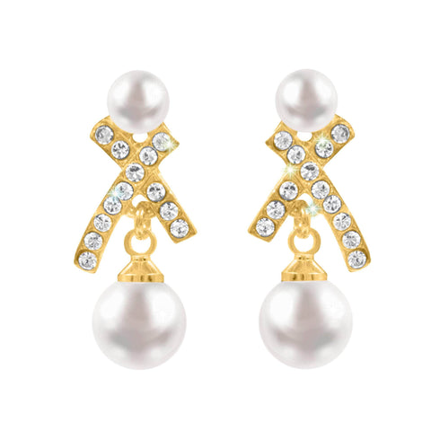 #17498G X Earring with O Pearl - CZ Earrings - Gold Ivory