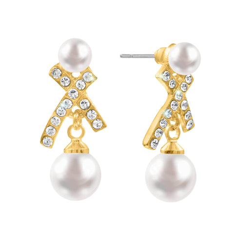 #17498G X Earring with O Pearl - CZ Earrings - Gold Ivory