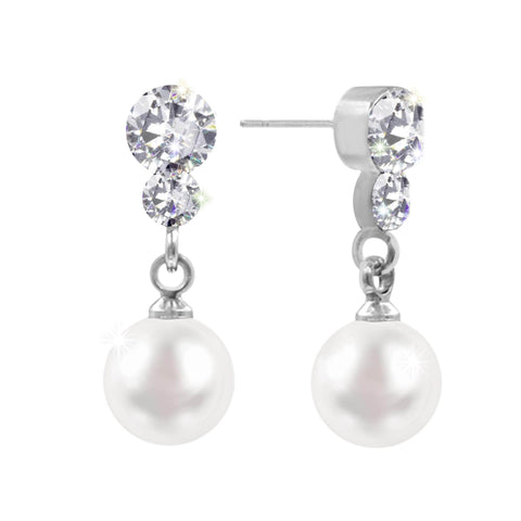 17499 Elegance in Simplicity: Crystal and Pearl Drop Earrings - Silver