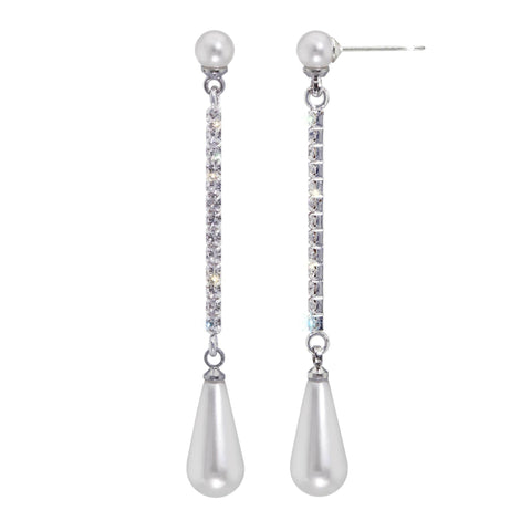 17510 - Sleek Teardrop Pearl and Crystal Bar Dangle Earrings