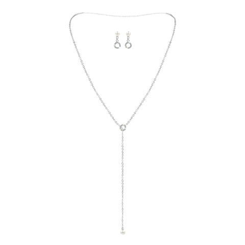 17533 Rhinestone, Pearl and Chain Lariat Necklace and Earring Set - Silver