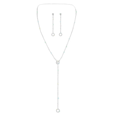 17534 Rhinestone Chain Lariat Neck and Earring Set - Silver