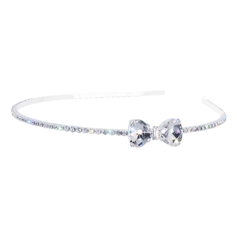 #17622 - Fancy Heart and Bow Headband - Silver Plated Headbands Rhinestone Jewelry Corporation